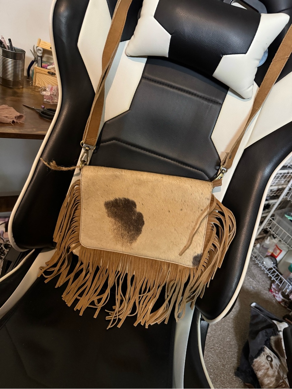 Brand New Fringed Genuine Leather & Fur Crossbody Bag in Tan and Brown